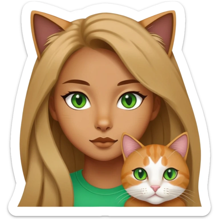 a cool girl with a jinjila long hair cat, cat’s eyes are green sticker