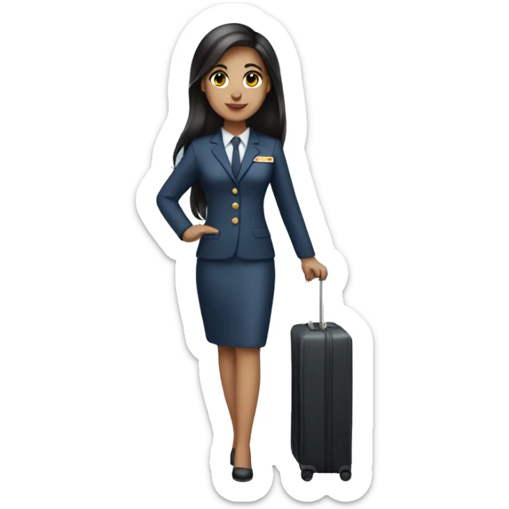 long dark hair brown eyed girl flight attendant holding suitcase no hat sticker