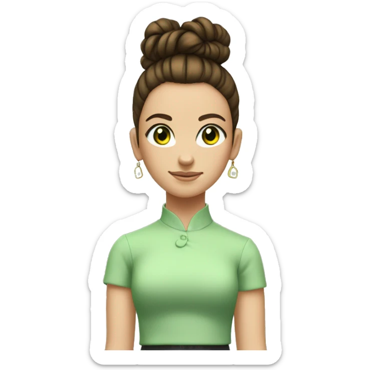 young girl with brunette hair tied up in a high bun and brunette hair, light green eyes  is take a sign with a big 10 sticker