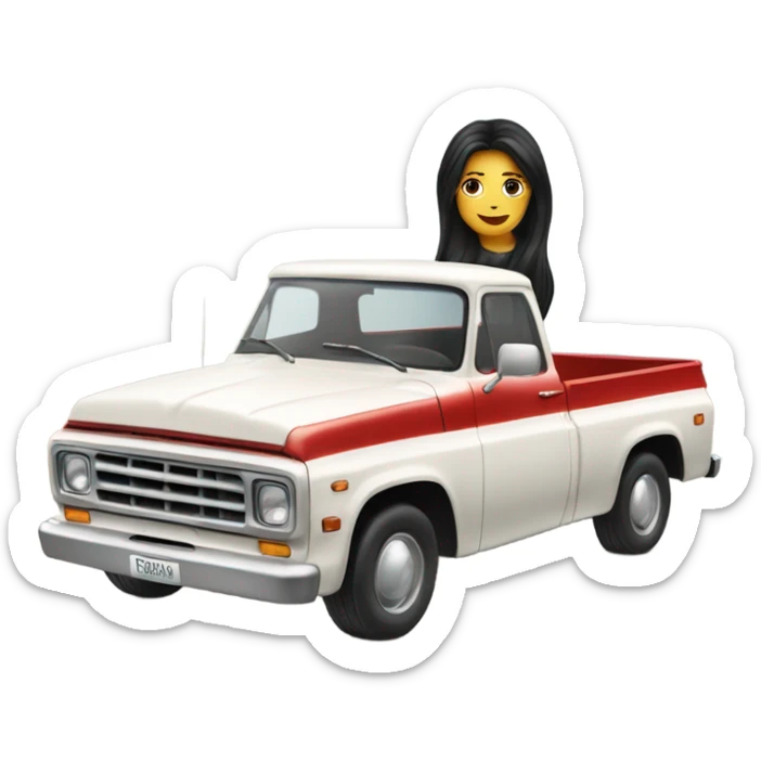 A white lady with long black hair, driving an older red pick up truck sticker