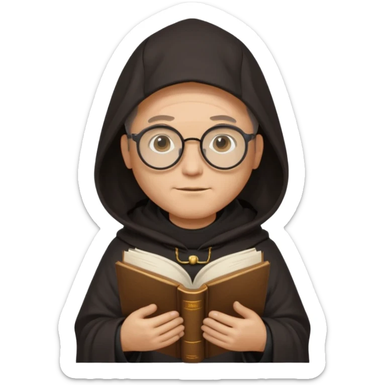 Monk priest prayer black habit with hood round black glasses done light brown wavy hair under hood remove the medallion smaller more round glassed age 46 no necklace more oval face hand holding book that says RB 480 sticker