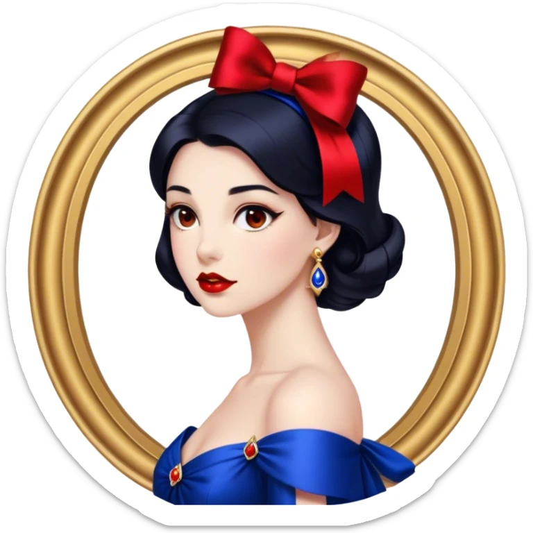 Cinematic Stunning Snow White Portrait Emoji, Fair skin glowing like porcelain, ruby-red lips, deep brown eyes full of kindness, raven hair framed by her iconic red bow, wearing her royal blue and gold gown, exuding timeless beauty and grace! sticker