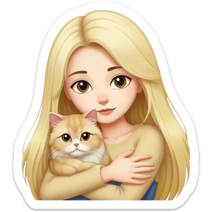 A pretty girl with long dark hair is hugging her blonde hair persian cat. sticker