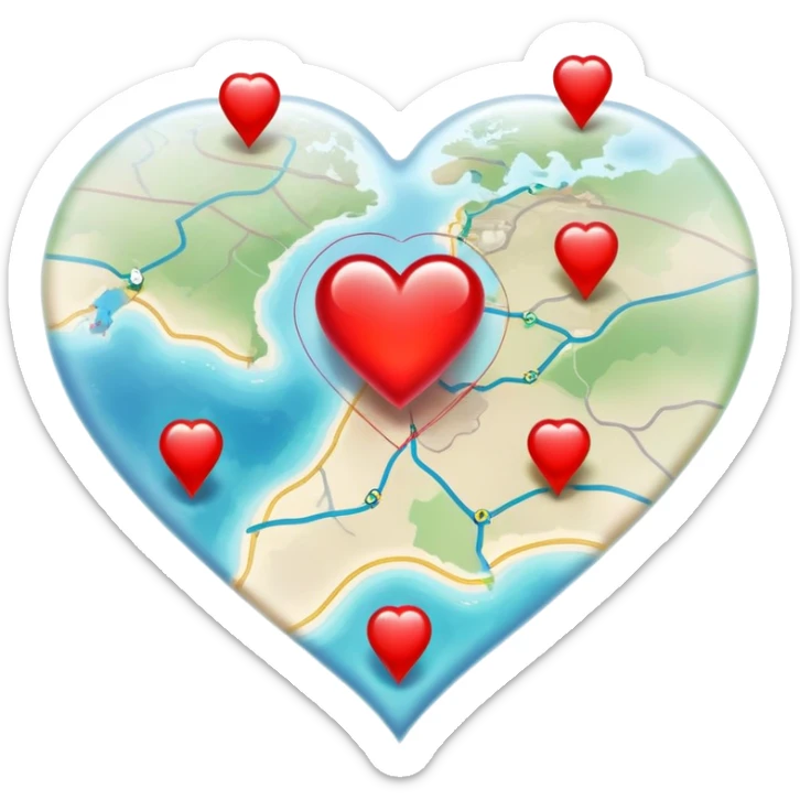 Translucent ethereal map with actual cartographic details, red heart markers for relationships and different colored pins for various emotional experiences sticker