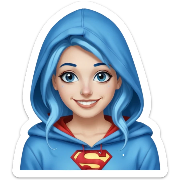 Teeth-showing-Smiling-30-year-old-adult-long-straight-dark-blue-and-glitter-in-hair-blue-eyes-thick-black-eyeliner-really-thick-really-long-eye-lashes-sky-blue-superman-hood-down-sweatshirt-nose-piercing-lip-pie sticker