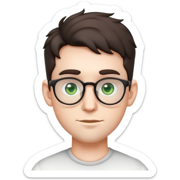young male emoji with youthful face, poofier slightly curly dark hair, big ears, pale skin, glasses, green eyes, very light stubble sticker