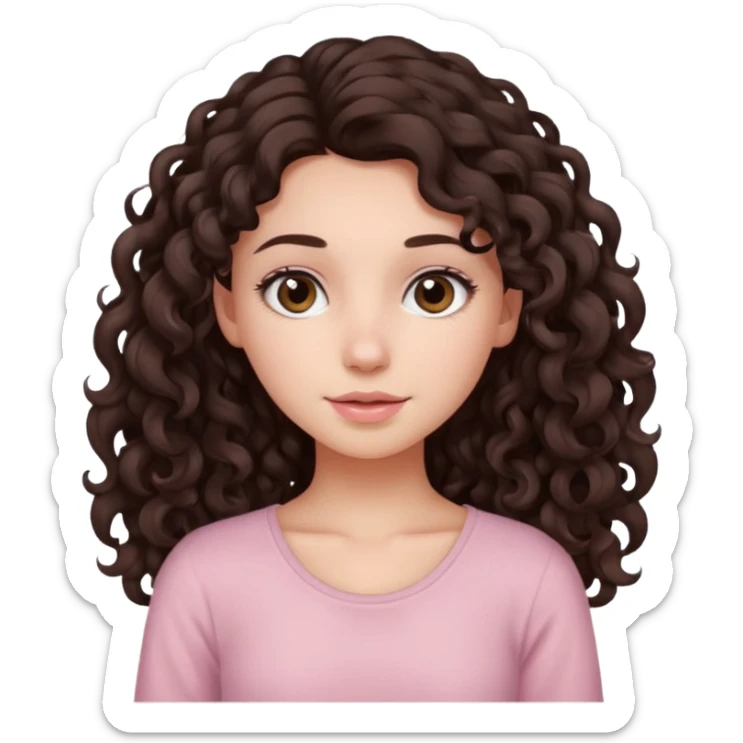 crée moi une jeune fille très belle avec les cheveux bouclés long brune avec un top de couleur rose clair sticker