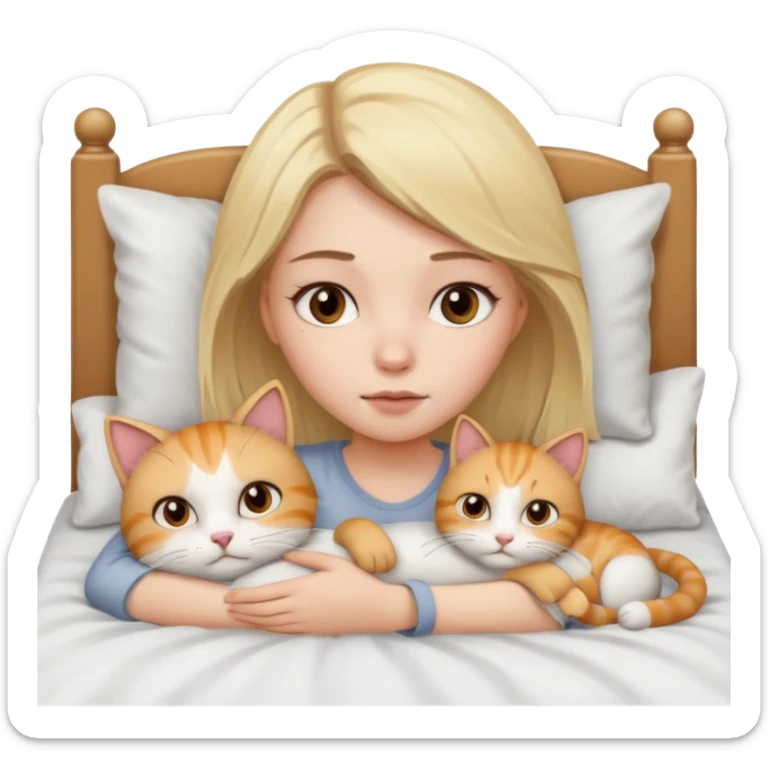 They recreate a photo of a blonde girl with light brown eyes, lying in bed sick with the flu, with her cat nearby. sticker