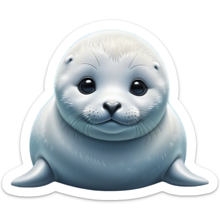 Cinematic Noble Baby Seal Portrait Emoji, Poised and endearing, with a round, plump body of soft, glistening fur, large, soulful eyes and a delicate, slightly rounded head accented by chubby cheeks, Simplified yet sharp and sophisticated features, highly detailed, glowing with a gentle, polar mist glow, high shine, intelligent and watchful, stylized with an air of arctic charm, focused and gentle, soft glowing outline, capturing the essence of a watchful and confident baby seal that appears ready to pop out of the screen with playful grace! sticker