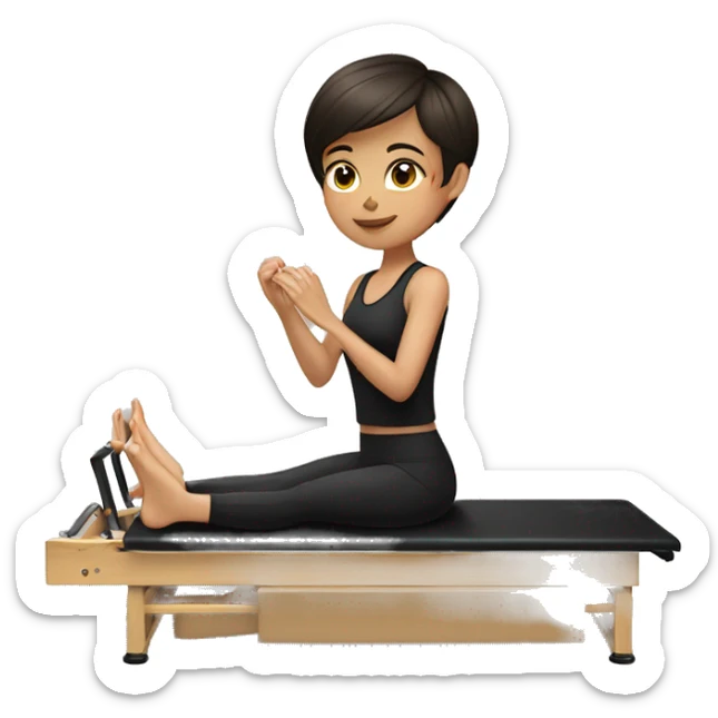 Brunette girl with short hair and black clothes doing stretches on Pilates reformer  sticker