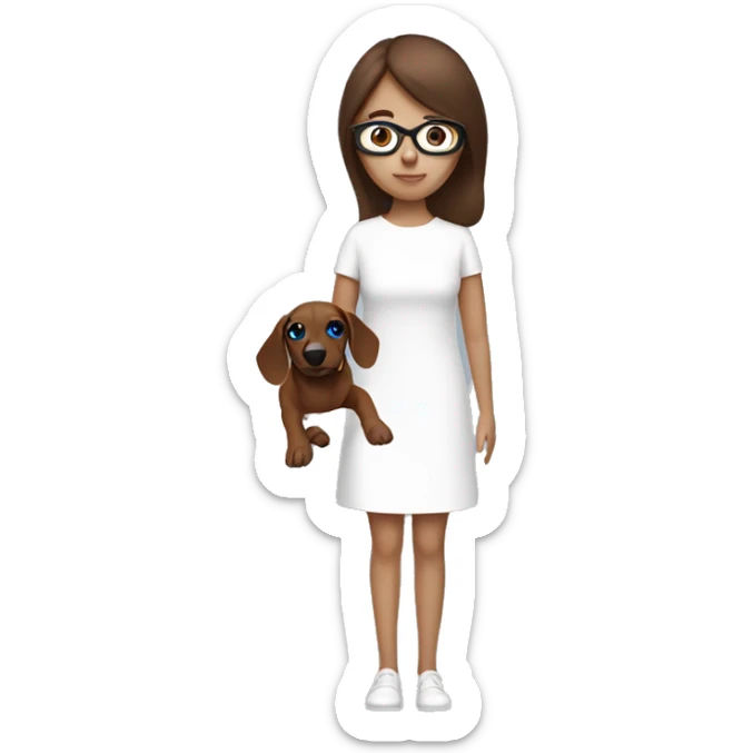 the brown hair girl with her blue eye wear a white minimal dress and her brown sausage dog sticker