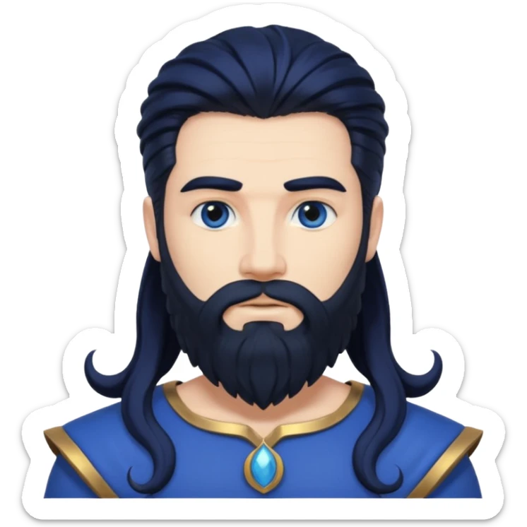 Neptune, Sea God from Rome Mythology with long jet black hair and beard, cobalt blue outfit sticker