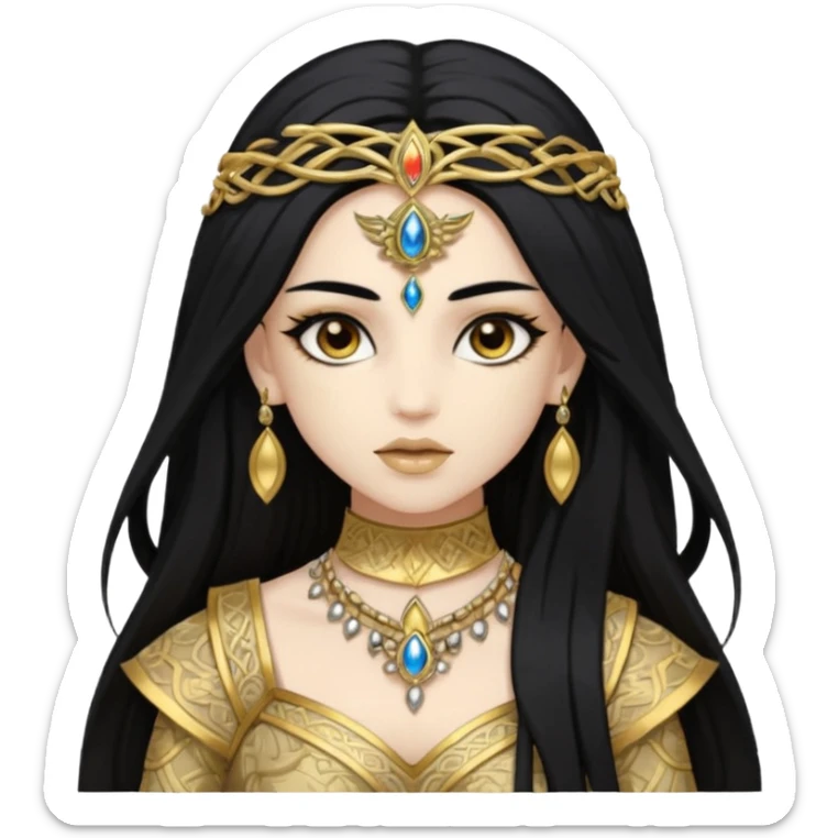 Akasha with white skin, brown eyes, black long hair, gold outfit sticker