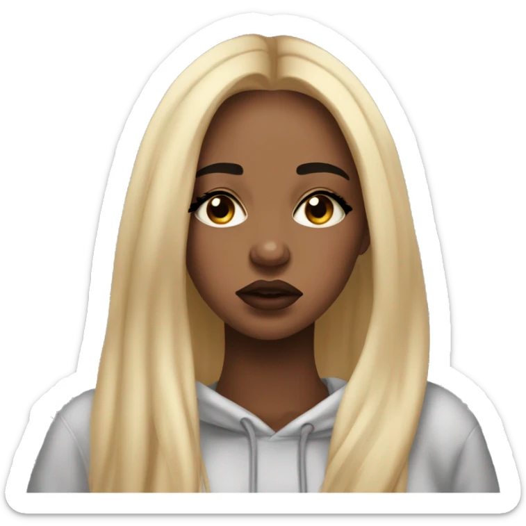 Sad tears in her eyes crying, Beautiful black woman with long waste length blonde hair , in a cozy sweatsuit in, girl wearing makeup long lashes thick glossy lips. she is crying, she is sad  sticker