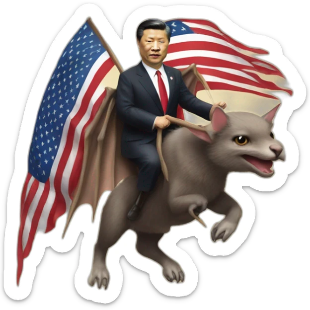 President Xi riding a animal bat with wings, with a America flag in his hand. sticker