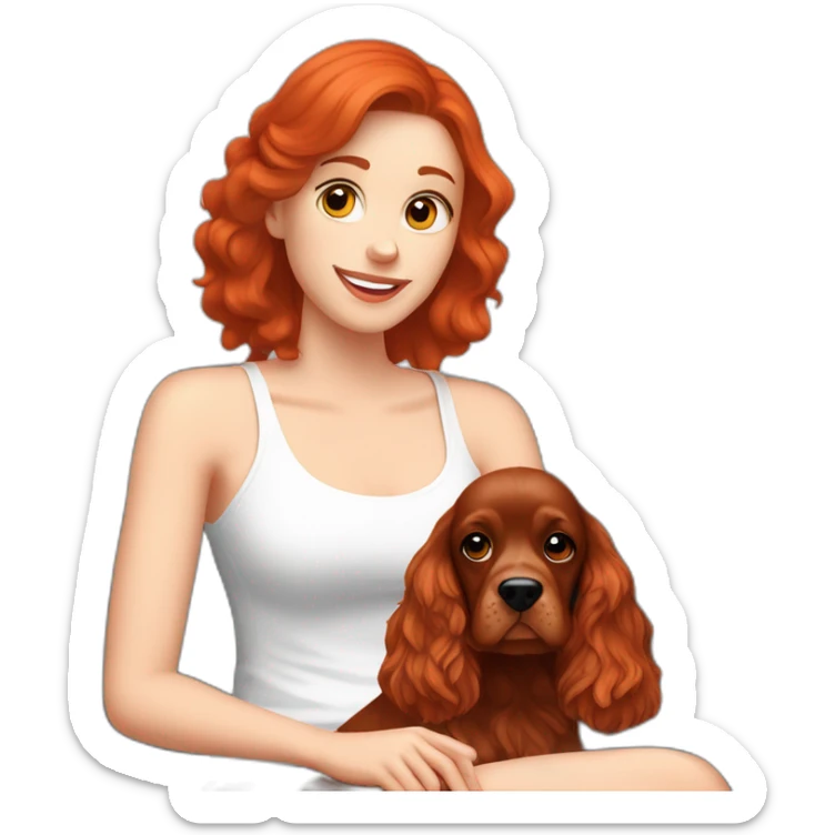 Red hair woman in white singlet sitting red english cocker spaniel on her lap sticker