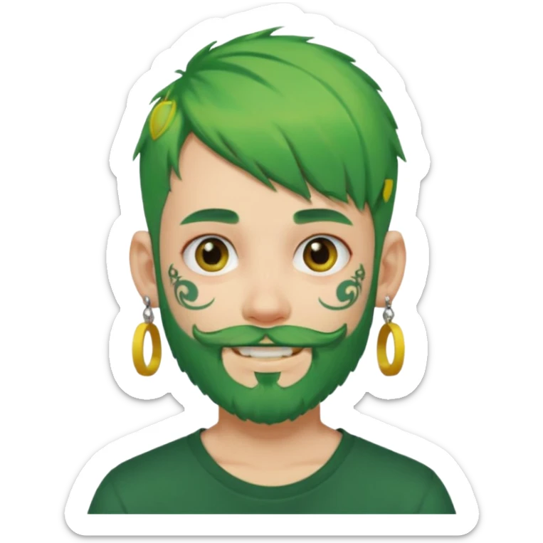 boy with bangs and green hair and yellow small hairtie on side and earrings and very heavy face tattoos and beard sticker