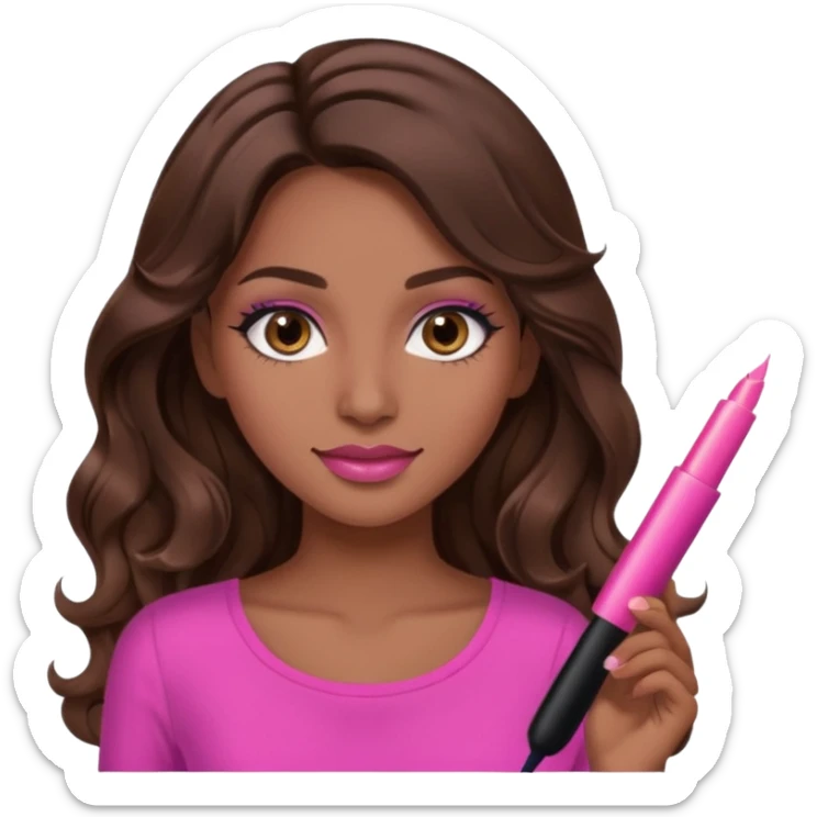 gorgeous woman, light brown skin, dark brown eyes, long wavy brown hair, pink top, clear lipgloss, mascara  sticker
