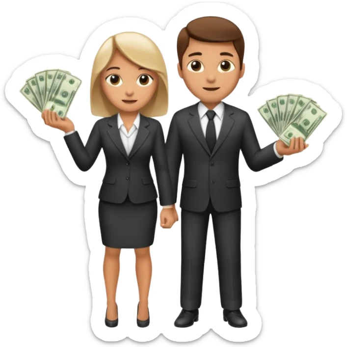 Una pareja (chico y chica de 28 años) vestidos con traje profesional y con dinero sticker