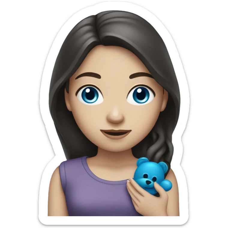 white girl with long dark hair, with blue eyes holding a toy doodle  sticker