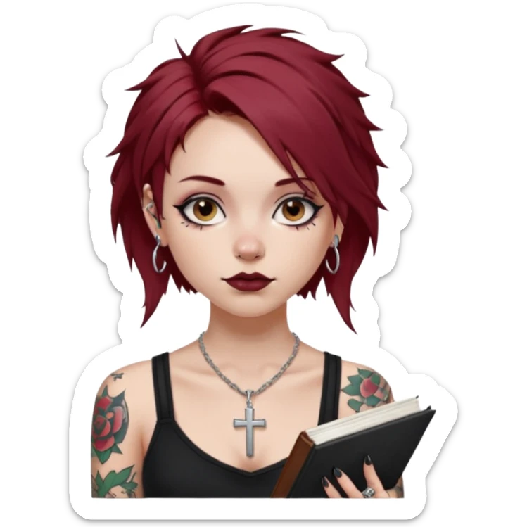 generate an ios genmoji of a girl with dark red messy hair with eyeliner on her eyes.  septum piercing, wearing a cami black top, has tattoos, on shoulders. ear piercings. wearing a cross silver necklace. Holding an overfilled sketchbook sticker