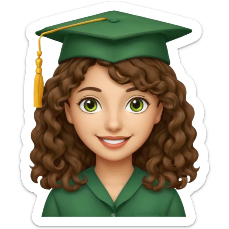 beautiful  womanolive skin with wavy-curly long brown hair and green eyes with school hat sticker