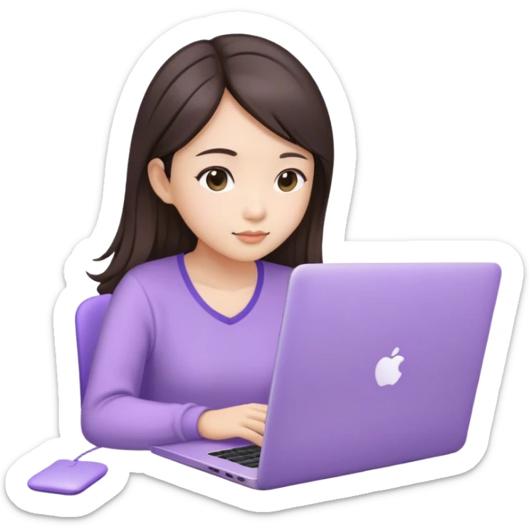 Long hair brunette Asian girl working on lavender laptop sticker