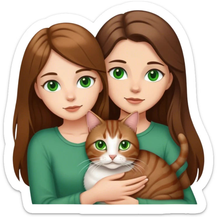 white girl with brown long hair green eyes with a tabby cat sticker