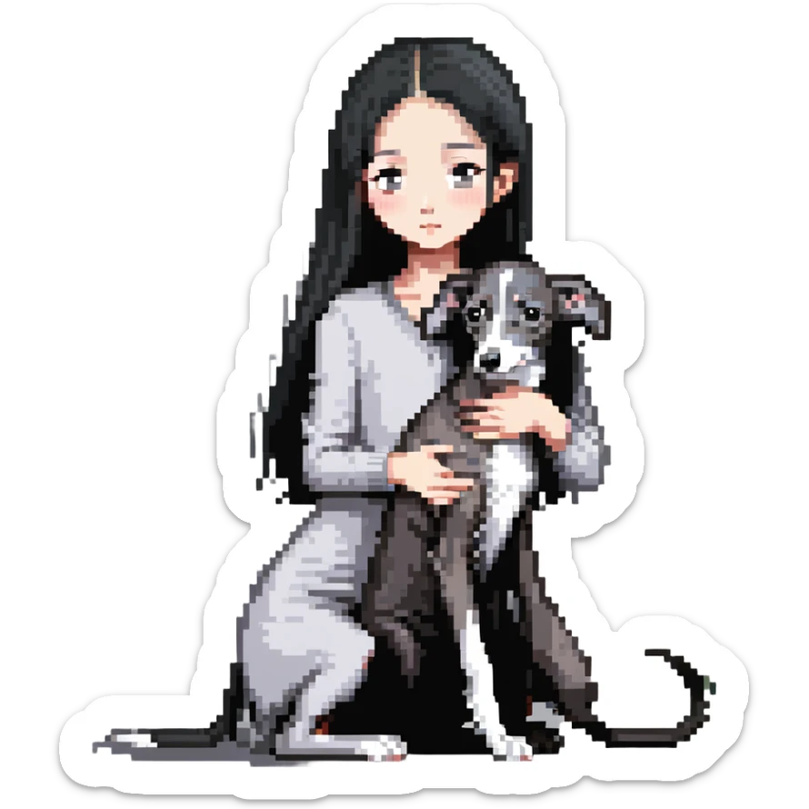 Slim Chinese girl with long black hair petting an Italian greyhound with completely uniform solid grey color throughout its entire body and face, with no white markings anywhere sticker