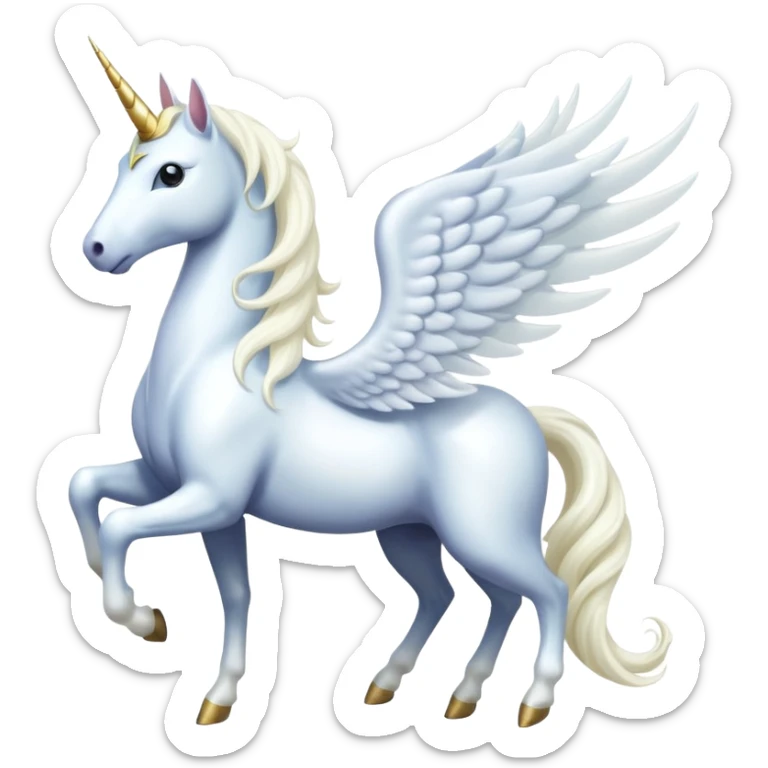 All white Cinematic Noble Unicorn with wings, slender with a flowing mane and tail and spiraled horn sticker