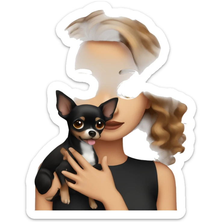 Pretty woman with brown wavy hair holding a black chihuahua  sticker