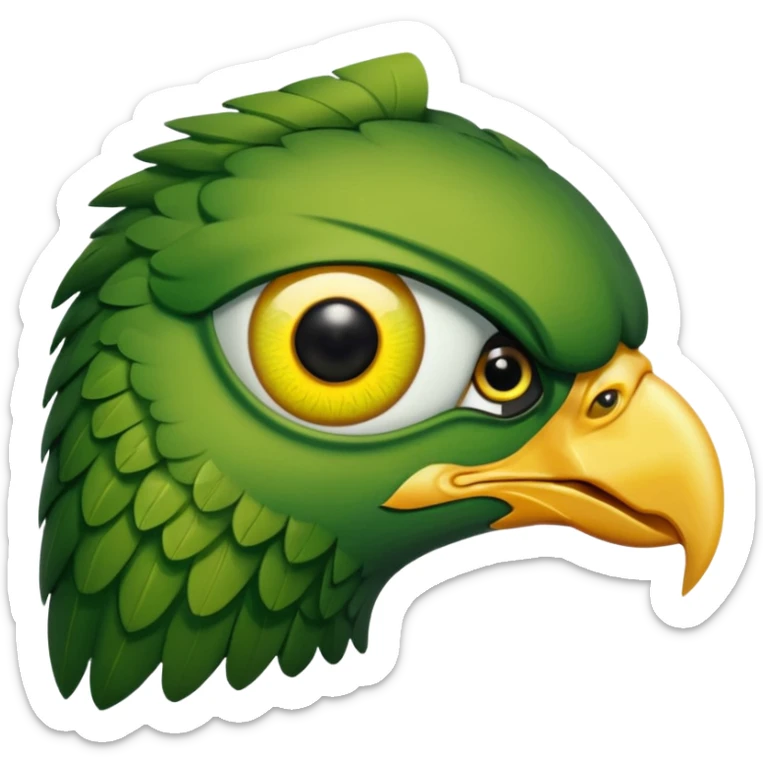 close up of just the eye and nothing else at the side profile of the face of a green hawk that is looking away from the camera on white background sticker