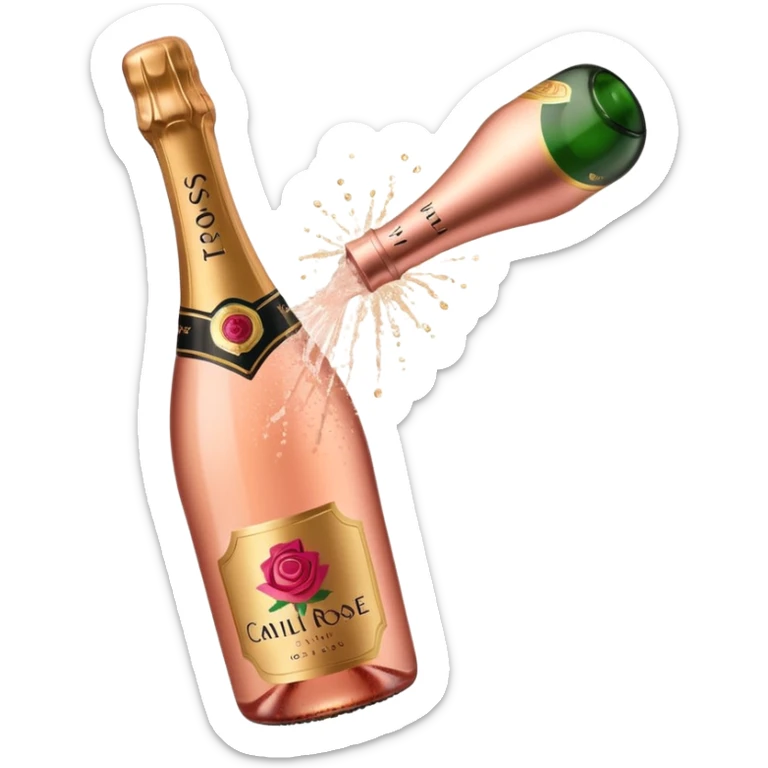 bottle of sparkling rosé champagne with a rose logo on the label, with the cork popping out from the top, tilted up and to the left, no glass sticker