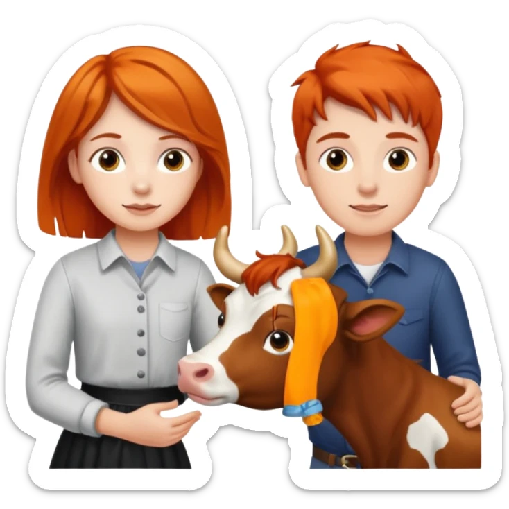 A boy with brown hair and a girl with orange hair petting a cow sticker