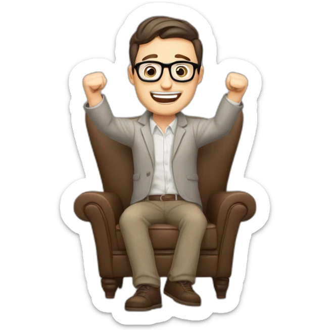 Joyful Celebrating victory Hands up Pale skinned Fit Man With dark brown hair in gray jacket, beige office shirt, Brown pants and vintage glasses sitting In a soft chair sticker
