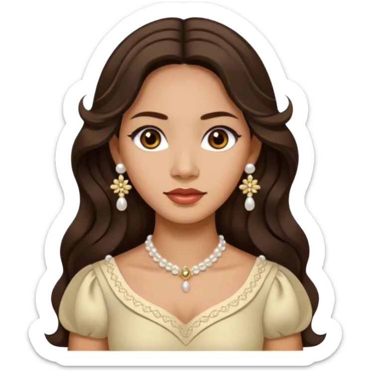 Tan Filipino woman with dark brown eyes and long dark wavy hair parted in the middle wearing a traditional filipiniana and white pearl stud earrings and no other jewelry sticker