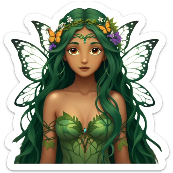 Cinematic Realistic Forest Nymph Fairy portrait, with butterfly wings and depicted with lifelike, sun-kissed tanned skin that radiates an earthy glow, softly illuminated by natural, dappled light. Her long, flowing dark green hair is intricately detailed and interwoven with delicate vines and wildflowers, while her deep, soulful eyes mirror the wisdom of the forest. Dressed in an attire inspired by nature’s palette—with subtle botanical motifs—the portrait exudes a soft, enchanted glow that melds realism with woodland magic. sticker
