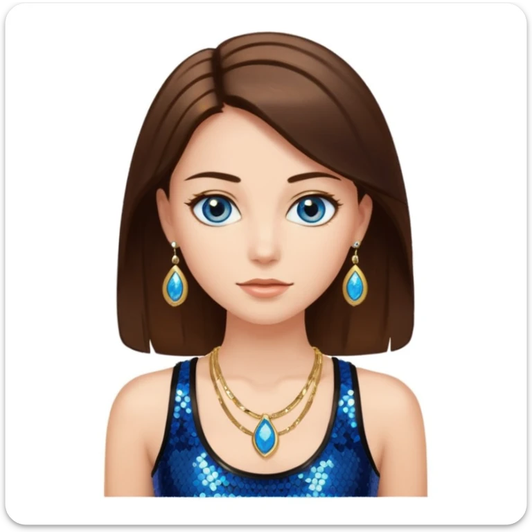 A woman with smooth brown hair with white skin and blue eyes, she has a black sequined tank top and golden jewelry sticker