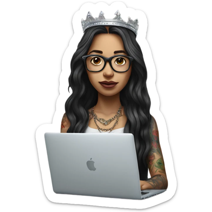 Hyperrealistic girl with long hair wearing a crown and glasses tattoos laptop sticker