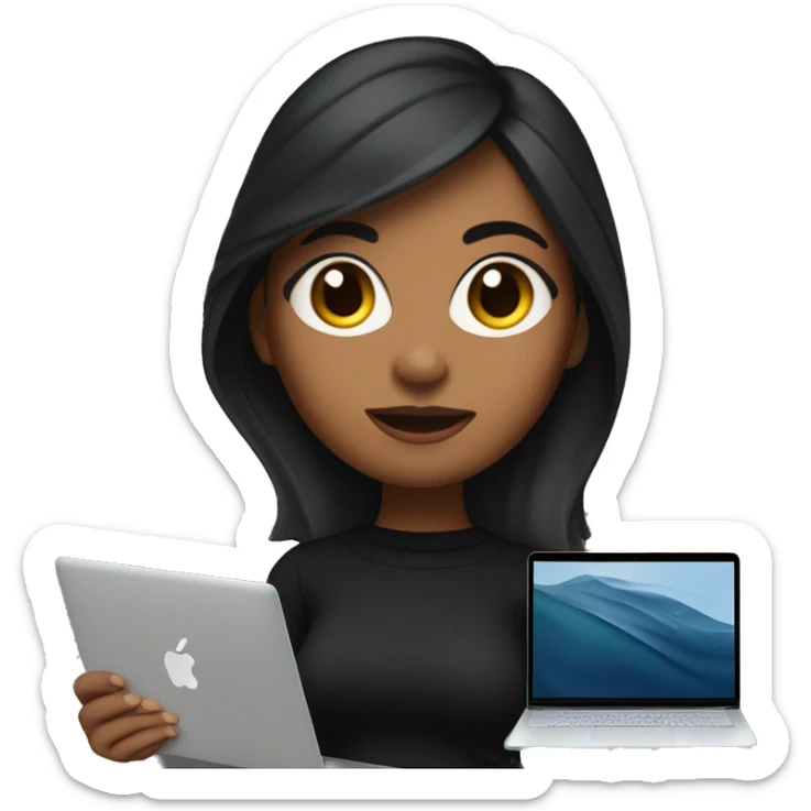     memoji of a woman with a laptop in front, apple-style,modern,dark hair,black sweater,computer in hand, srilankan brown skin, an avatar image gonna be round  sticker