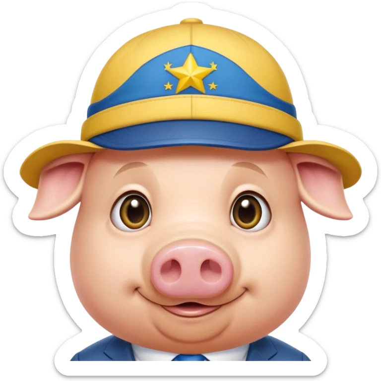 pig body with President Zelensky's face wearing a hat with yellow and blue colors sticker