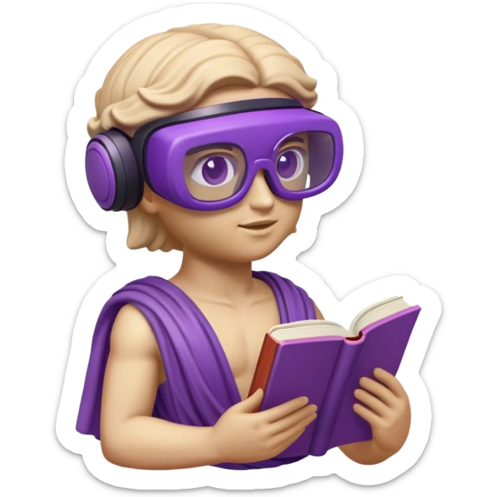 an-emoji-of-a-ancient-young-greek-statue-reading-a-book,-wearing-vr-glasses,-purple-colors,-digital-universe sticker