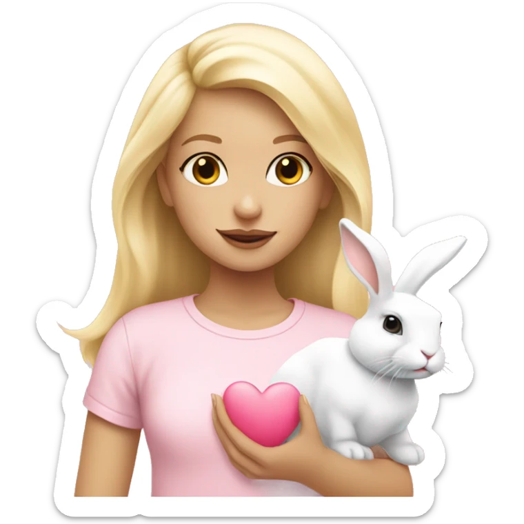 Blonde girl with a white bunny rabbit and pink love heart  sticker