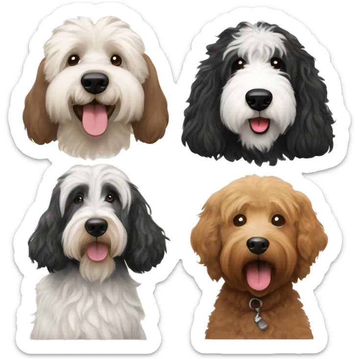 Black goldendoodle, brown golden doodle, old English sheepdog, and a black goldendoodle together  sticker