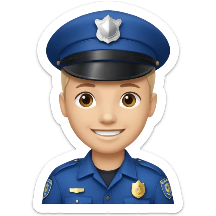This is a cartoon-style avatar of a police officer with light skin, wearing a dark blue cap featuring a silver badge, and showing a smile expression. sticker