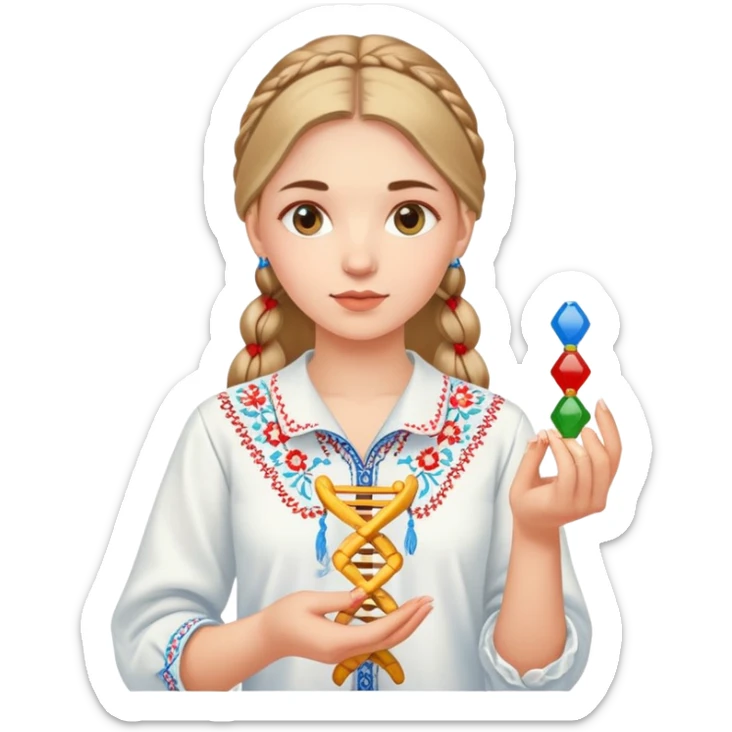 Ukrainian girl in traditional embroidered vyshyvanka shirt holding a DNA molecule in her hand sticker