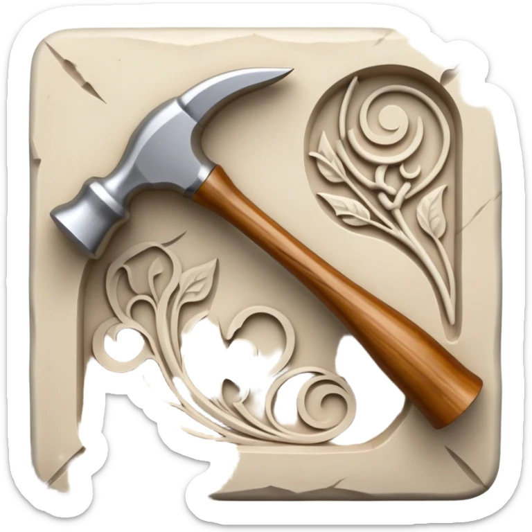 Carving icon, stone, bone, and horn being carved with chisels, fine detailed patterns visible, carving tools like hammer and chisel, minimalistic style, clean lines, transparent background. sticker