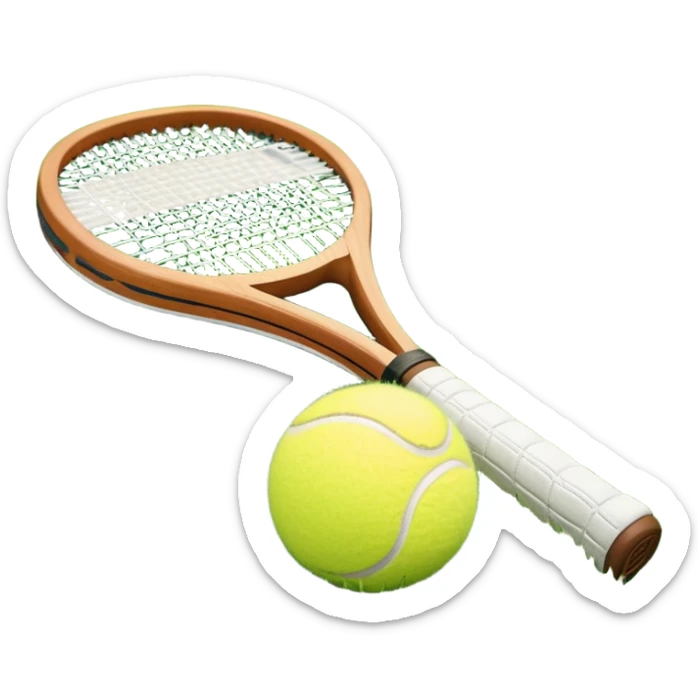 A detailed tennis racket resting on lush green grass beside a bright yellow tennis ball. The scene captures the essence of classic lawn tennis, with a crisp and clean background emphasizing the elegance and tradition of the sport sticker