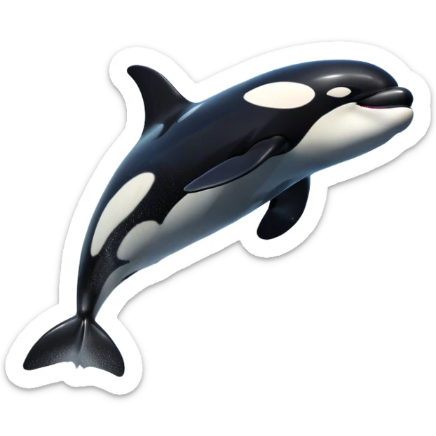 Meme-Worthy Breaching orca Portrait Emoji, Bursting powerfully out of the ocean with an impressive, high-energy leap, showcasing a sleek black-and-white body glistening with water droplets and dynamic, arched posture, Simplified yet exhilaratingly expressive features, highly detailed, glowing with a vibrant marine energy, high shine, bold and full of life, stylized with an air of untamed ocean spirit, soft glowing outline, capturing the essence of an orca mid-breach, radiating pure, unstoppable aquatic power! sticker