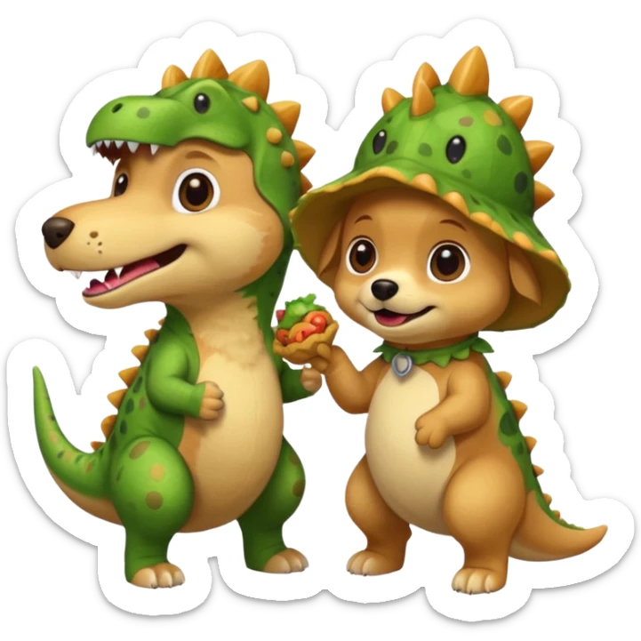 a golden retriever with a dinosaur costume thats eating a chihuahua thats in a dinosuar costume sticker